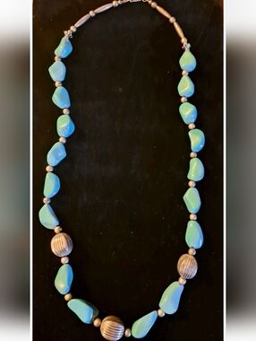 Large Beaded Faux Turquoise Necklace With Silvertone Spacers